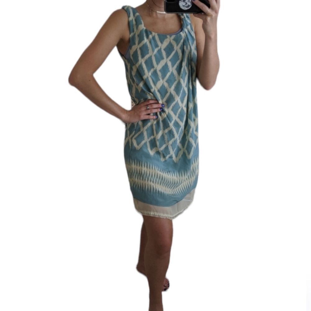 MOULINETTE‎ SOEURS Blue-Green/Cream Silk Twist Sleevless Ikat Shift Dress Size 4